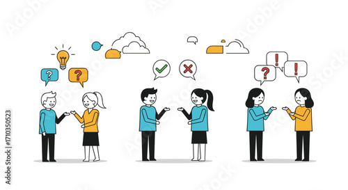 People communicating and sharing ideas in different settings.