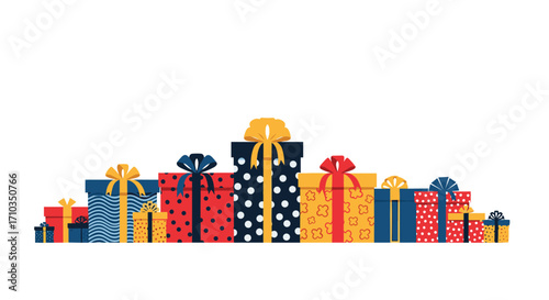 A festive collection of brightly wrapped gift boxes in various sizes and patterns.