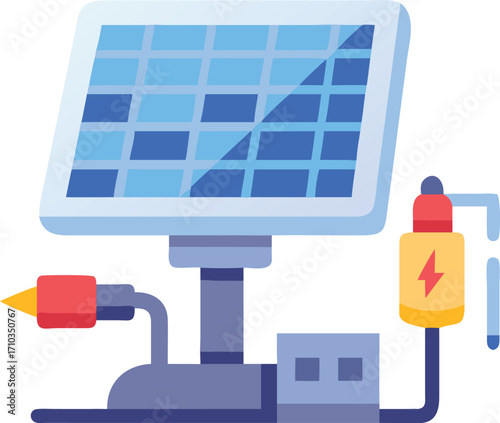Flat solar panel with electrical connection and power symbol electricity energy