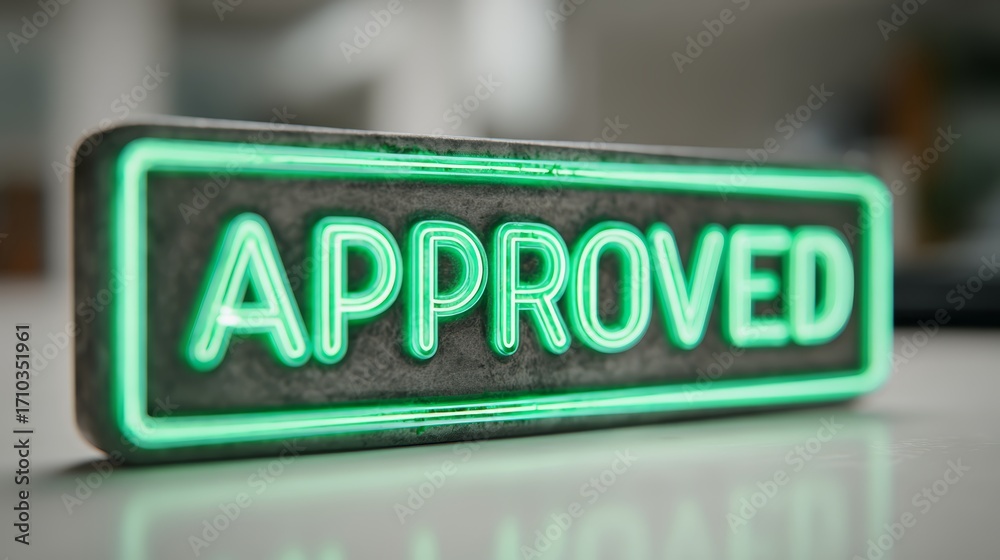 Fototapeta premium Neon green approved sign glowing on a reflective surface