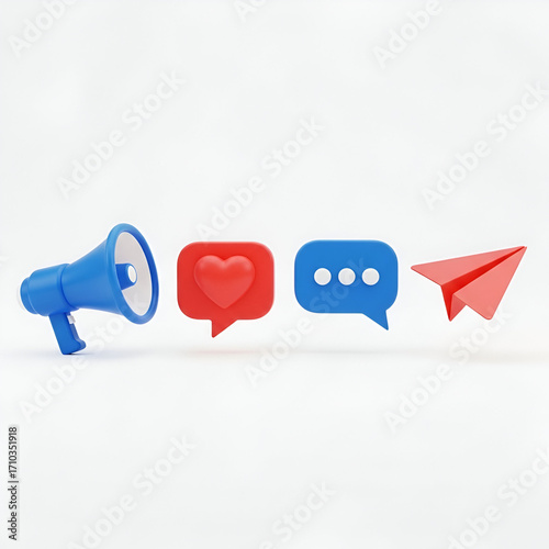 Megaphone, heart, chat bubble, and paper airplane icons, isolated on white background