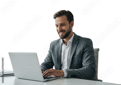 Smiling businessman working on his laptop isolated on transparent background