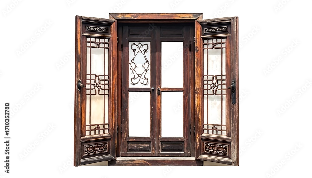 Obraz premium Ornate Vintage Wooden Window with Intricate Carvings
