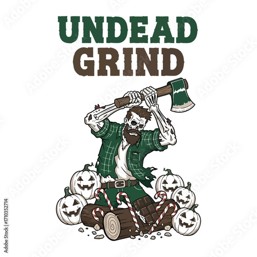 A skeleton lumberjack with axe surrounded by gourds and candy canes on a log halloween tshirt design