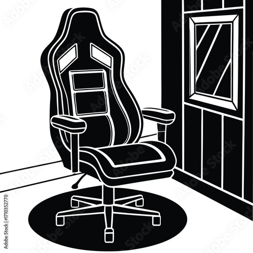 Contemporary empty black leather armchair and computer desk in a minimalist room interior
