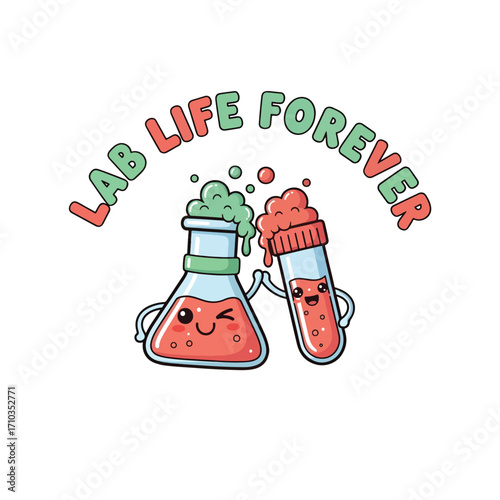 Cartoon beakers and test tube with lab life forever text above the glassware halloween tshirt design