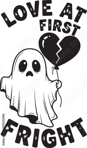 A spooky apparition holding a broken heart balloon with bold text around it halloween tshirt design