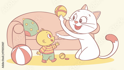 Cute cartoon cat playing with a baby and a ball in the living room