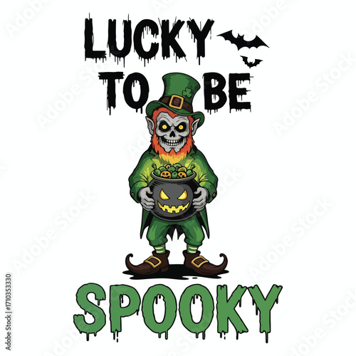 A spooky leprechaun holding a cauldron with text lucky to be spooky above him halloween tshirt design