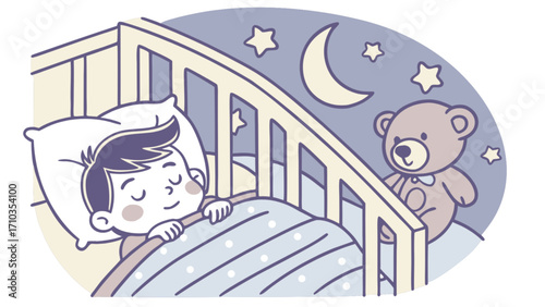 Little boy sleeping in his bed with teddy bear