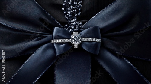 Elegant Diamond Ring on Black Satin Bow with Pearl Necklace, Luxury Jewelry.