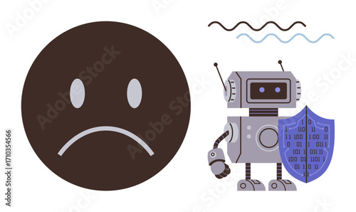 Sad face contrasts with robotic figure holding shield of binary code, illustrating security, technology, and emotion concepts. Ideal for cybersecurity, AI ethics, emotion and tech, data protection