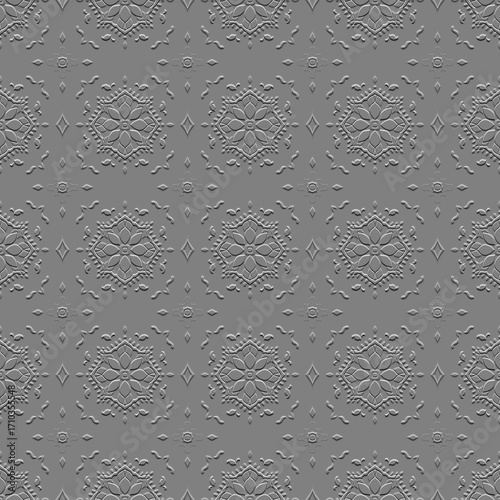 
This is a seamless pattern with a 3D embossed effect, featuring an ornate floral and geometric design. The monochromatic gray tones create a textured, sculptural look, similar to carved plaster.