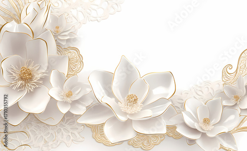 3D Magnolia Flowers Elegant Luxury Gold, Soft Pastel Background, Wedding Decor