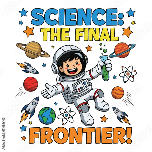 Cartoon astronaut with planets and rockets in a science themed graphic art halloween tshirt design