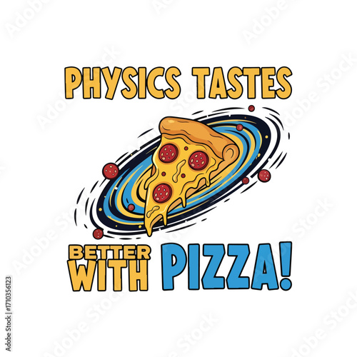 A slice of pepperoni pizza with a galaxy background and text on a white backdrop halloween tshirt design
