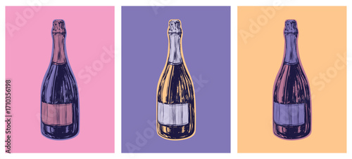 Champagne Bottle Hand Drawing Vector Illustration Alcoholic Drink. Pop Art Style. Party