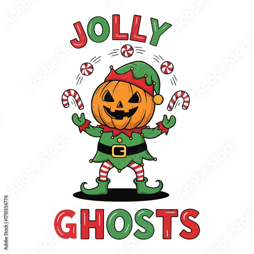 A jolly character juggling sweets with a pumpkin head and text jolly ghosts art halloween tshirt design