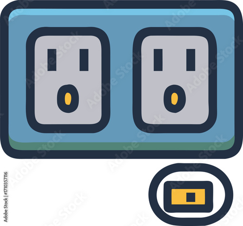 Two Outlet Electrical Socket with Yellow Switch Icon on Transparent Background power outlet
