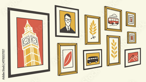 Illustrative wall art with framed pictures of london and other subjects