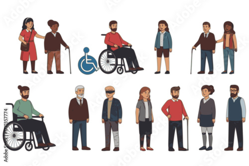 A Diverse Collection of Disabled People Celebrating World Disability Day, with Inclusive Vector Cartoon Illustrations of a Man in a Wheelchair, a Blind Person, and People with Prostheses
