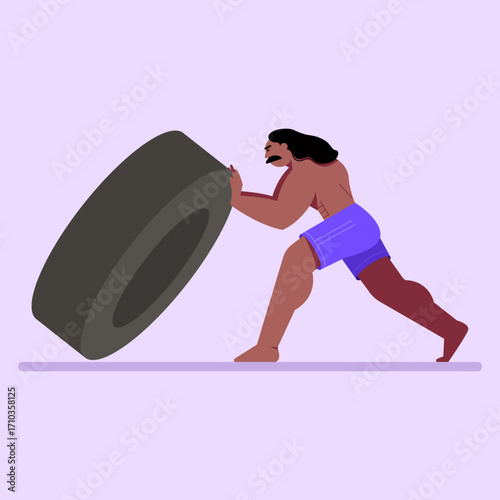Muscular fitness man moving large tire in street gym. Strongman workout. Flat vector illustration isolated on purple  background.