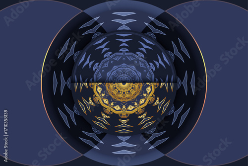 Symmetrical decorative artwork with blue gold and white geometric mandala on divided background