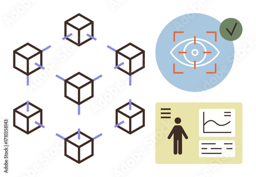 Interconnected blockchain cubes, biometric eye scan validation, and a data analytics dashboard. Ideal for technology, security, innovation, biometrics, data identity network. Simple flat metaphor