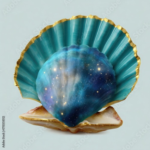 Wallpaper Mural Teal Scallop Shell with Cosmic Pearl gold trim galaxy Torontodigital.ca