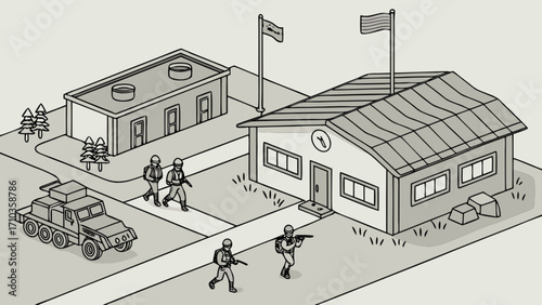 Military base with soldiers and vehicles in black and white drawing