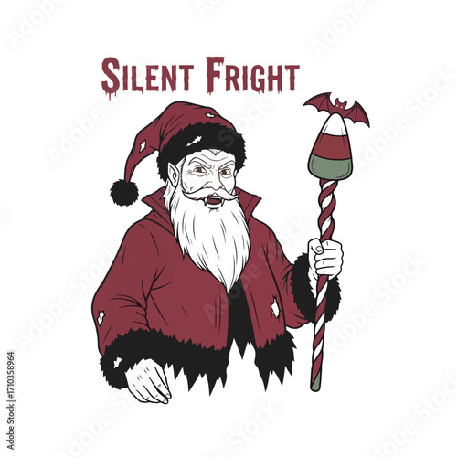 Santa vampire holding a candy staff with a bat on top on a white background halloween tshirt design