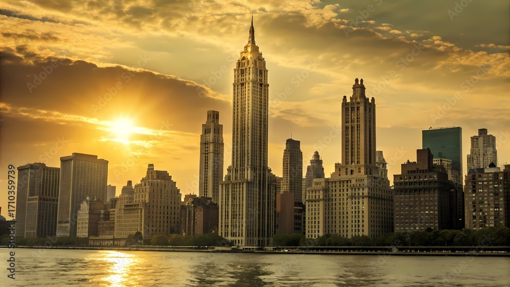 Obraz premium NYC Sunset: Iconic Manhattan Skyline Under a Golden Sky