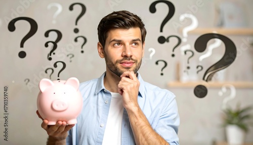 A thoughtful man holds a piggy bank, surrounded by question marks, suggesting financial decisions