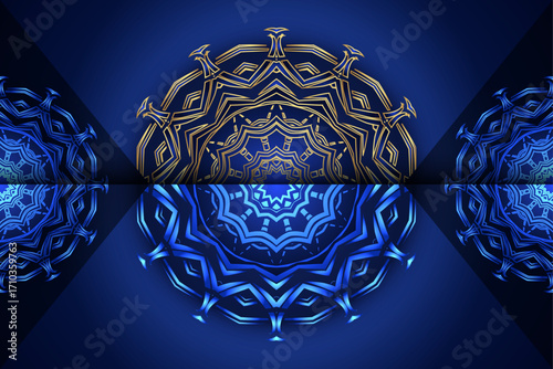 Abstract ornamental blue and gold mandala with symmetrical star floral geometric patterns