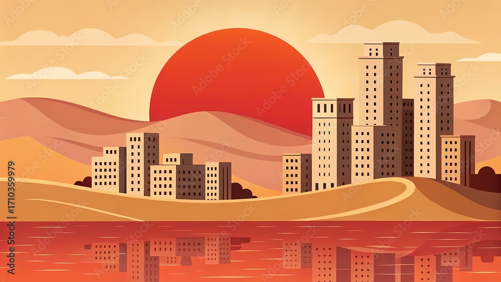Obraz premium Modern City Skyline Sunset Reflection Illustration