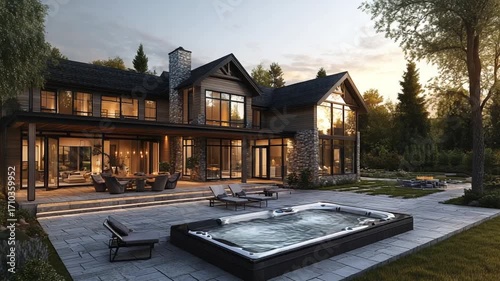 Modern house with patio and hot tub at sunset