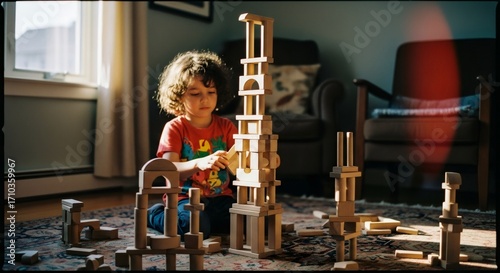 Young child building tall wooden block tower in messy playroom. Creative play and early childhood development. Educational toy for fine motor skills and problem solving