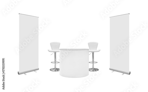 Empty complete set of booth display equipment for trade shows, including a counter, 2 stools, and 2 roll-up signs isolated