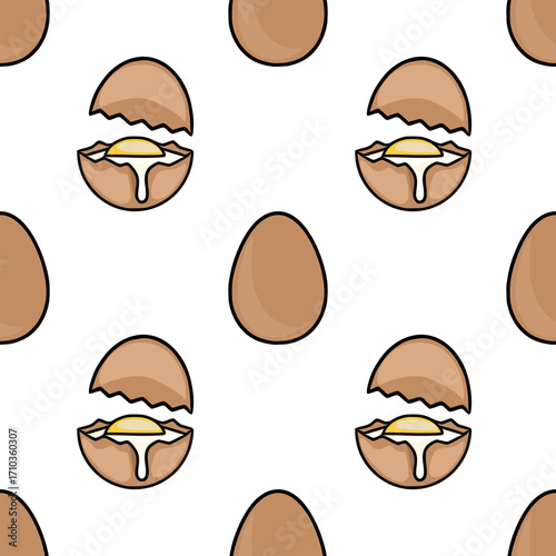 Seamless vector pattern featuring cracked eggs with runny yolks and whole eggs, creating a playful and appetizing design ideal for culinary or breakfast-themed projects.