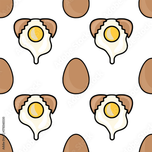 Seamless vector pattern featuring a playful illustration of cracked eggs with runny yolks alternating with whole brown eggs, creating a cheerful and appetizing design.