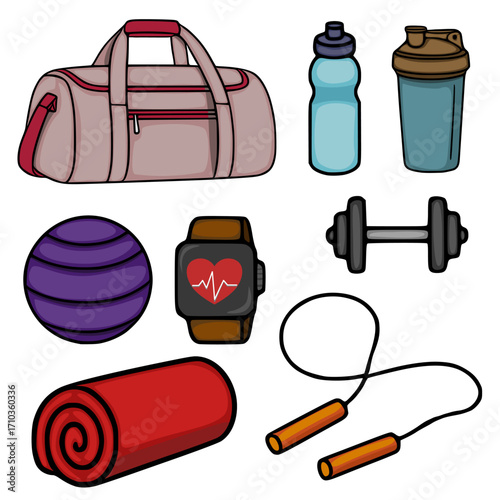 Vibrant vector illustration of a fitness equipment set, featuring a duffel bag, water bottles, a shaker, a medicine ball, a smartwatch, dumbbells, and a jump rope, all rendered in a hand-drawn cart...
