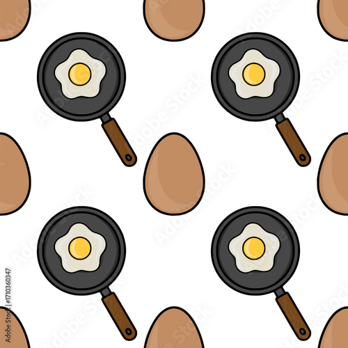 Seamless vector pattern featuring fried eggs in pans and whole eggs, a cheerful kitchen-themed design ideal for backgrounds or food-related projects.