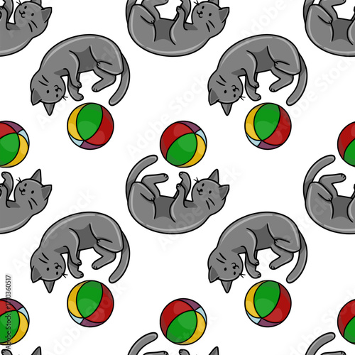 Seamless vector pattern of playful grey kittens tumbling with colorful balls, a cheerful and whimsical design perfect for children's products or playful backgrounds.