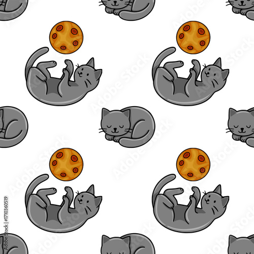 Seamless vector pattern featuring playful grey kittens interacting with orange speckled balls, creating a charming and repetitive design ideal for textile prints or children's products.