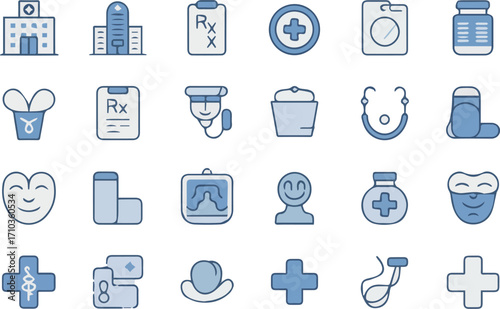 Vector art of medical and healthcare icons in blue tones