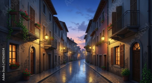 Rainy twilight in a narrow, romantic European street.