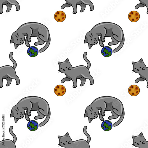 Seamless vector pattern featuring playful grey kittens interacting with miniature planet Earth and cookie-shaped toys, creating a charming and whimsical design.