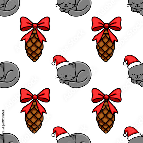 Seamless vector Christmas pattern featuring adorable sleeping grey cats in Santa hats and pine cones adorned with red bows, creating a charming festive design.