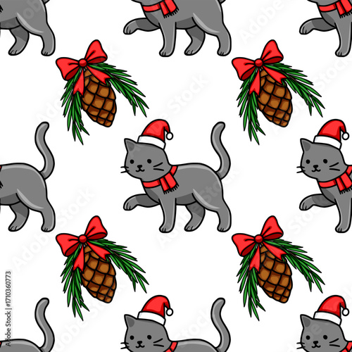 Seamless vector Christmas pattern featuring adorable grey cats wearing Santa hats and red scarves, playfully interacting with pine cones adorned with festive red bows.