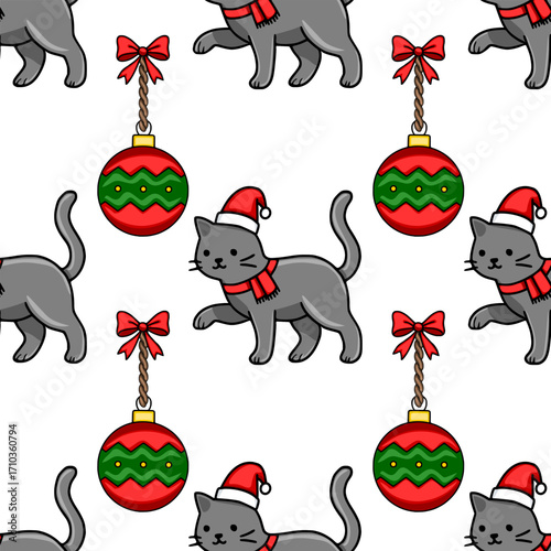 Seamless vector Christmas pattern featuring adorable grey cats in Santa hats and red scarves, playfully interacting with festive red and green baubles and bows.